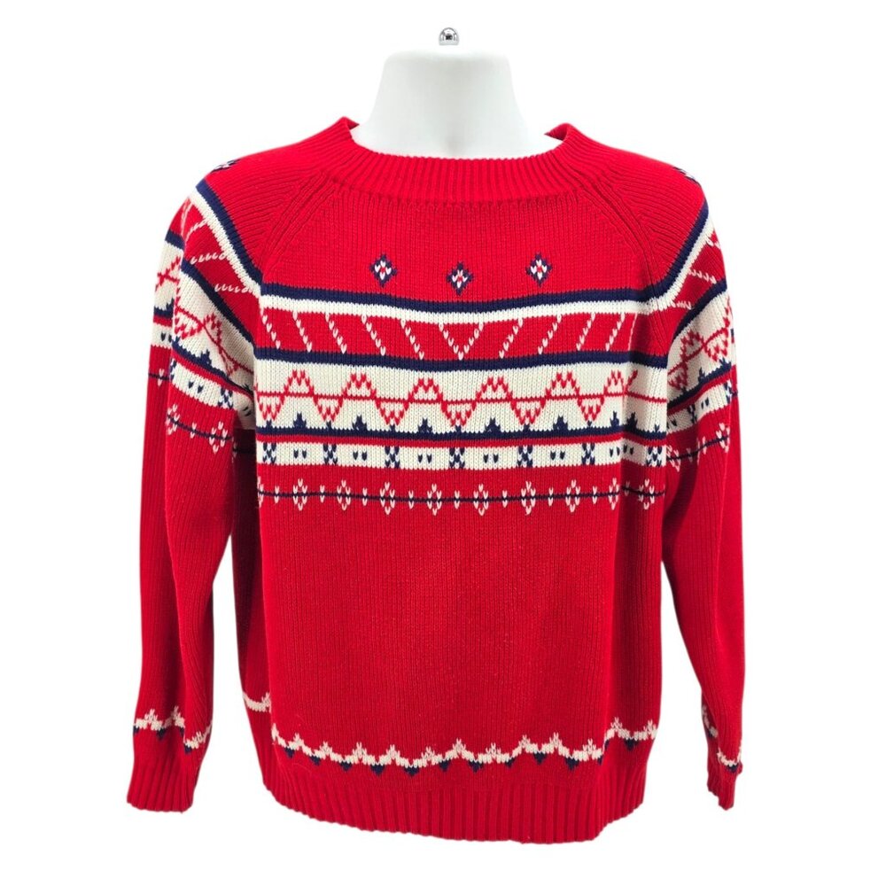 Vintage Montgomery Ward Mens Large Sweater Nordic Knit Grandpa Red White Blue